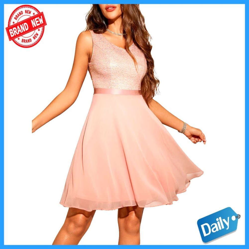 Sequin V Neck A-Line Cocktail Dress Elegant Formal Party Wear Knee Length